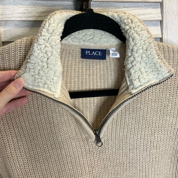 Children’s Place Boys Tan Solid Knit Quarter Zip Sherpa Long Sleeve Sweater - Picture 9 of 12